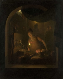 Kitchen by Lamplight by Adriaan Meulemans