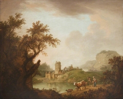 Landscape with Castle on a Lake with Cattle and a Cowgirl by manner of Charles Towne