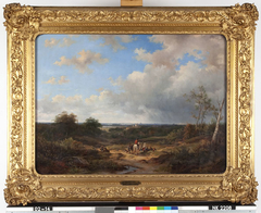 Landschap in Gelderland met rustende reizigers by Jan van Ravenswaay