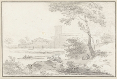 Landschap met een groot gebouw op de achtergrond by Hendrik van der Straaten