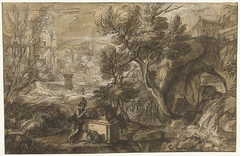 Landschap met herder bij antieke sarcofaag by Unknown Artist