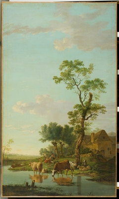 Landschap met in een plas wadende koeien by Jacob van Strij