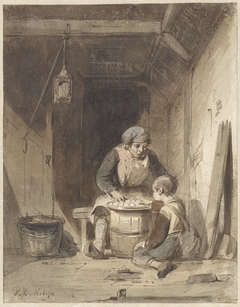 Man en jongetje etend in een schuur by Petrus Marius Molijn