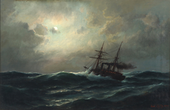 Marine with ship on rough sea at full moon by Carl Bille