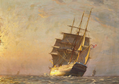 Morning at Dragør, Denmark. A three-master at sea in the sunrise. by Christian Mølsted