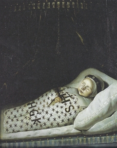 Portrait of a dead child wearing a mourning wreath around its head by Jan de Stomme