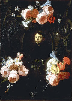 Portrait of a Monk in a Garland of Flowers by Hieronymus Galle