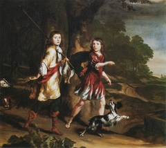 Portrait of two young boys as hunters by Nicolaes Maes