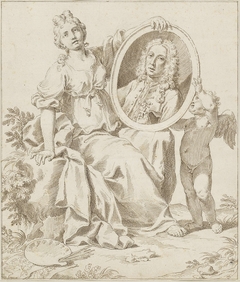 Portret van de schilder Adriaan van der Werff in een omlijsting op de schoot van een vrouw en ondersteund door een putto by Pieter van den Berge