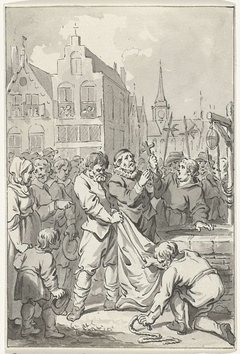 Predikant Johannes Florianus te Brussel als ketter in een zak gebonden en in een put geworpen, 1585 by Jacobus Buys