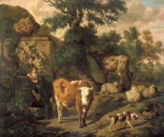 Resting Cattle near a Grave monument by Dirck van der Bergen