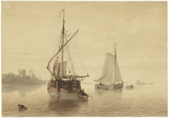 Rivierlandschap met enkele schepen by Nicolaas Johannes Roosenboom