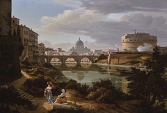 Rome, a view of the river Tiber looking south with the Castel Sant'Angelo and Saint Peter's Basilica beyond by Rudolf Wiegmann