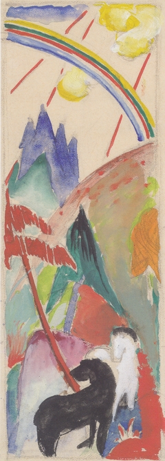 Schwarzes und weißes Pferd in Gebirgslandschaft mit Regenbogen by Franz Marc