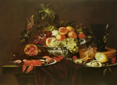 Shellfish, oyster, bowl of fruit and a berkemeyer by Joris van Son