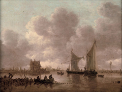 Smalschips' on the Kil near the Oude Wachthuis with fishermen raising a net off a jetty, the Grote Kerk at Dordrecht beyond by Jan van Goyen