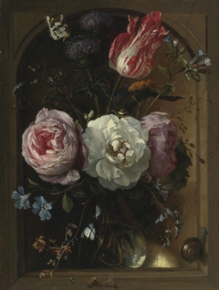 Still Life of Flowers in Glass Vase in Stone Niche by Nicolaes van Verendael