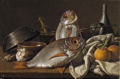 Still Life with Breams, Oranges, Garlic, Condiments, and Kitchen Utensils by Luis Egidio Meléndez