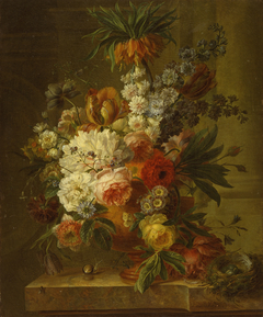 Stilleven met bloemen en vogelnest by Willem van Leen