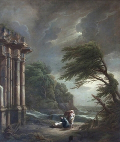 Stormy Seashore with Ruined Temple, Shipwreck and Figures by George Lambert