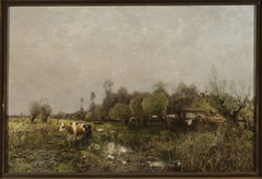 Summer landscape with a cottage on marshland by Roman Kochanowski