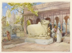 The Bull Nandi in the courtyard of the Golden Temple, Benares by William Simpson