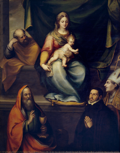 The Holy Family, Saint Ildefonso, Saint John the Evangelist and the teacher Alonso de Villegas by Blas de Prado