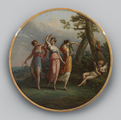 Three dancing nymphs and a reclining cupid in a landscape by Antonio Zucchi