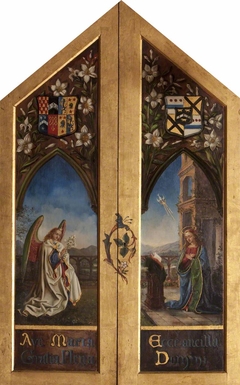 Triptych: centre panel: The Madonna in Adoration; pediment: Virgin in Glory; exterior of wings: Virgin Annunciate and Archangel Gabriel; interior of wings: The Visitation; Nativity; Presentation; Chri by Georgiana Chatterton