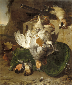 Twee patrijzen en andere dode vogels in een landschap by Melchior d'Hondecoeter