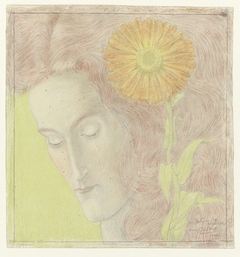 Vrouwenkop met rossig haar en Chrysant by Jan Toorop