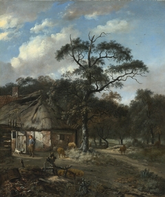 Wooded Landscape with a Boy and Animals near a Cottage by Jan Wijnants