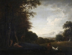 Woody Landscape with Woman and Child, Satyr and Goats by Anonymous