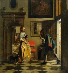 Young woman in an interior, receiving a letter by Pieter de Hooch