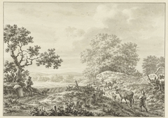 Zomerlandschap met herder met twee koeien en schapen by Jacob Cats 1741-1799