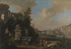 A Caprice Landscape with a Fountain and an Artist Sketching by Luca Carlevarijs