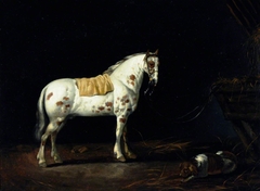 A Dappled Stallion with a Dog in a Stable by Abraham van Calraet