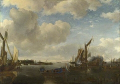 A River Scene with a Dutch Yacht firing a Salute by Jan van de Cappelle