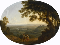 A view across the Alban Hills a hilltop on the right and the ses in the far distance by Jacob Philipp Hackert