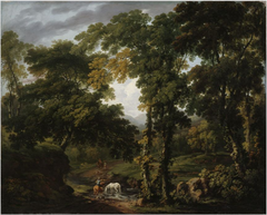 A Wooded River Landscape with Figures and Horses at a Ford and Fallow Deer in a Clearing by George Barret