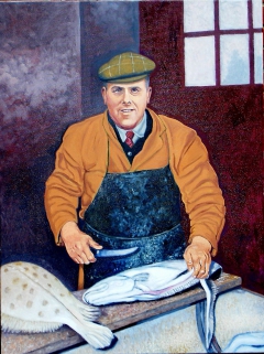 Albert Clifford Walker filleting fish on Grimsby docks circa 1960s, (2011), oil on linen, 90  x 120 cm by john albert walker