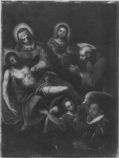 Beweinung Christi mit den hll. Johannes, Franziskus und einem Stifter (Werkstatt) by Domenico Tintoretto