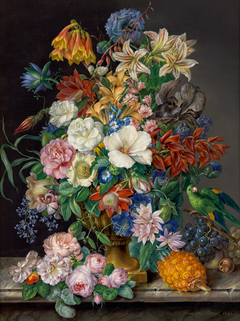 Blumenstück mit Ananas, Weintrauben und Papagei by Franz Xaver Petter