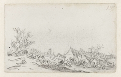 Boerenhuizen onderaan een dijk by Jan van Goyen