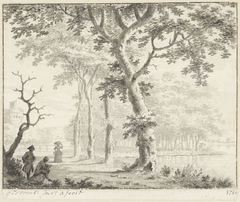 Bomen aan de waterkant en een tekenaar by Gerrit Toorenburgh