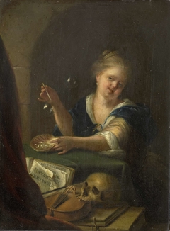 Bubble-blowing Girl with a Vanitas Still Life by Unknown Artist