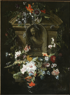 Bust of a woman in a circle of flowers by Daniel Seghers