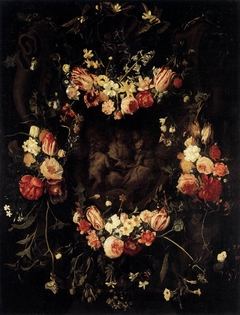 Cartouche addorned with flowergarlands surrounding a depiction of the Holy Family with the infant Saint John the Baptist by Daniel Seghers