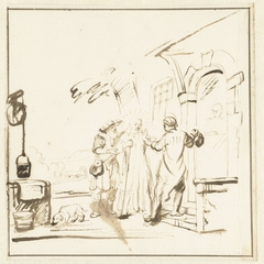 Christus en twee discipelen voor de herberg te Emmaüs by Nicolaes Maes