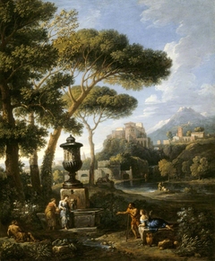 Classical Landscape with Five Figures conversing by a Fountain topped by a Figured Urn by circle of Jan Frans van Bloemen